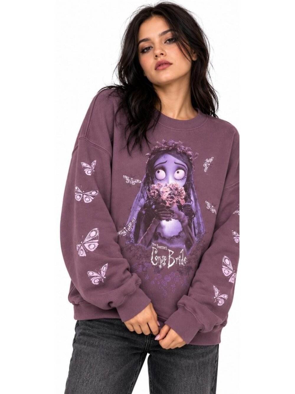 Tim Burton Corpse Bride Emily Sweatshirt Juniors Small Purple Butterflies NWT